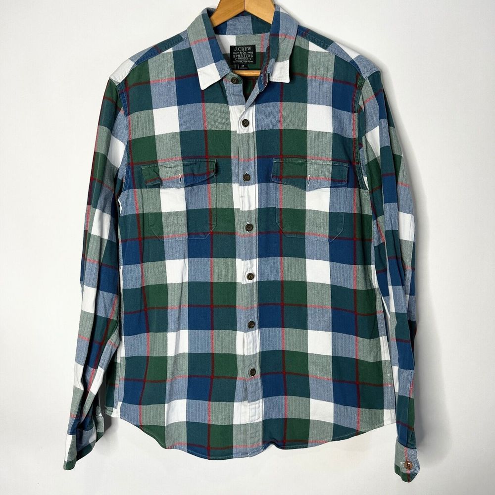 J Crew Sporting Goods Flannel Shirt Plaid Green Blue Long sleeve Men's Size M